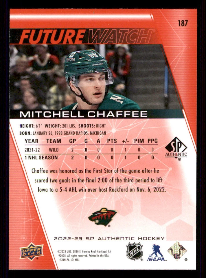 2022-23 SP Authentic Limited Red #187 Mitchell Chaffee FW - Image 2 of 2
