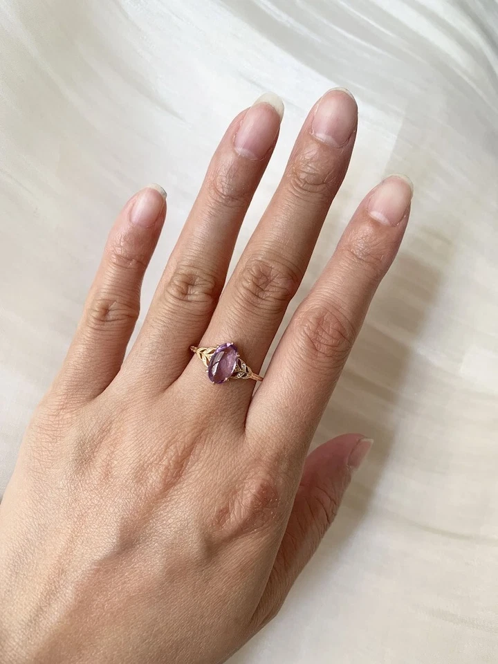 Antique Oval Cut Amethyst 14K Yellow Gold Plated Silver Art Deco Engagement Ring - Image 3 of 4