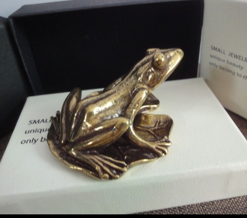 Statua rana Curio in ottone massiccio seduta su foglia di loto per arredamento casa - Foto 5 di 7