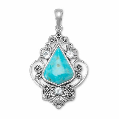 Sterling Silver Simulated Turquoise, Blue Topaz and Marcasite Pendant