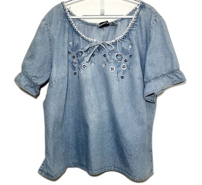 Boho Chambray Embroidered Peasant Blouse Tie Neck Cottagecore 1X 2X
