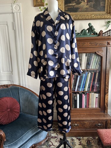Gorgeous Blue Printed 100% Silk Pajama Set Size Medium/Large Lunar Celestial Dot