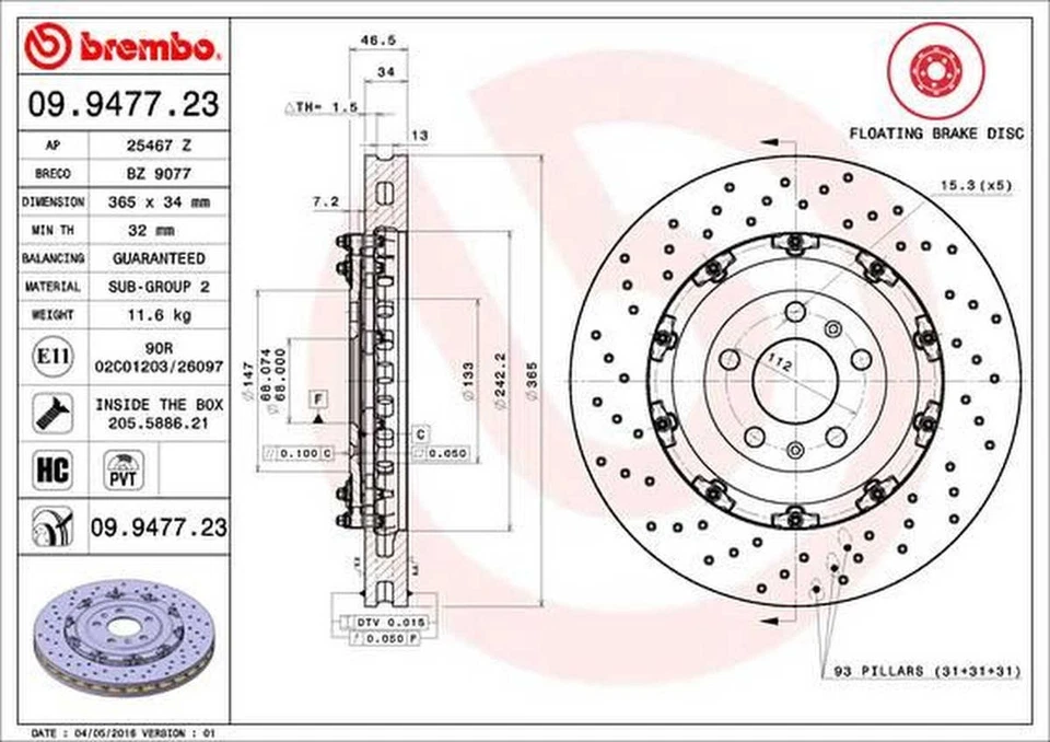 Disque De Frein Avant 365Mm BREMBO Pour AUDI A4 B7 Cabriolet - Photo 4/4