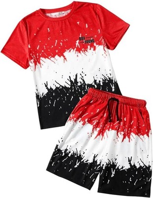 Kids Tween Boy Casual Clothing Set Letter Graphic Colorblock Tee +Shorts Summer