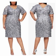 ALEX EVENINGS Slit Flutter sleeve Silver Sequin Cocktail Party Dress 20W 239