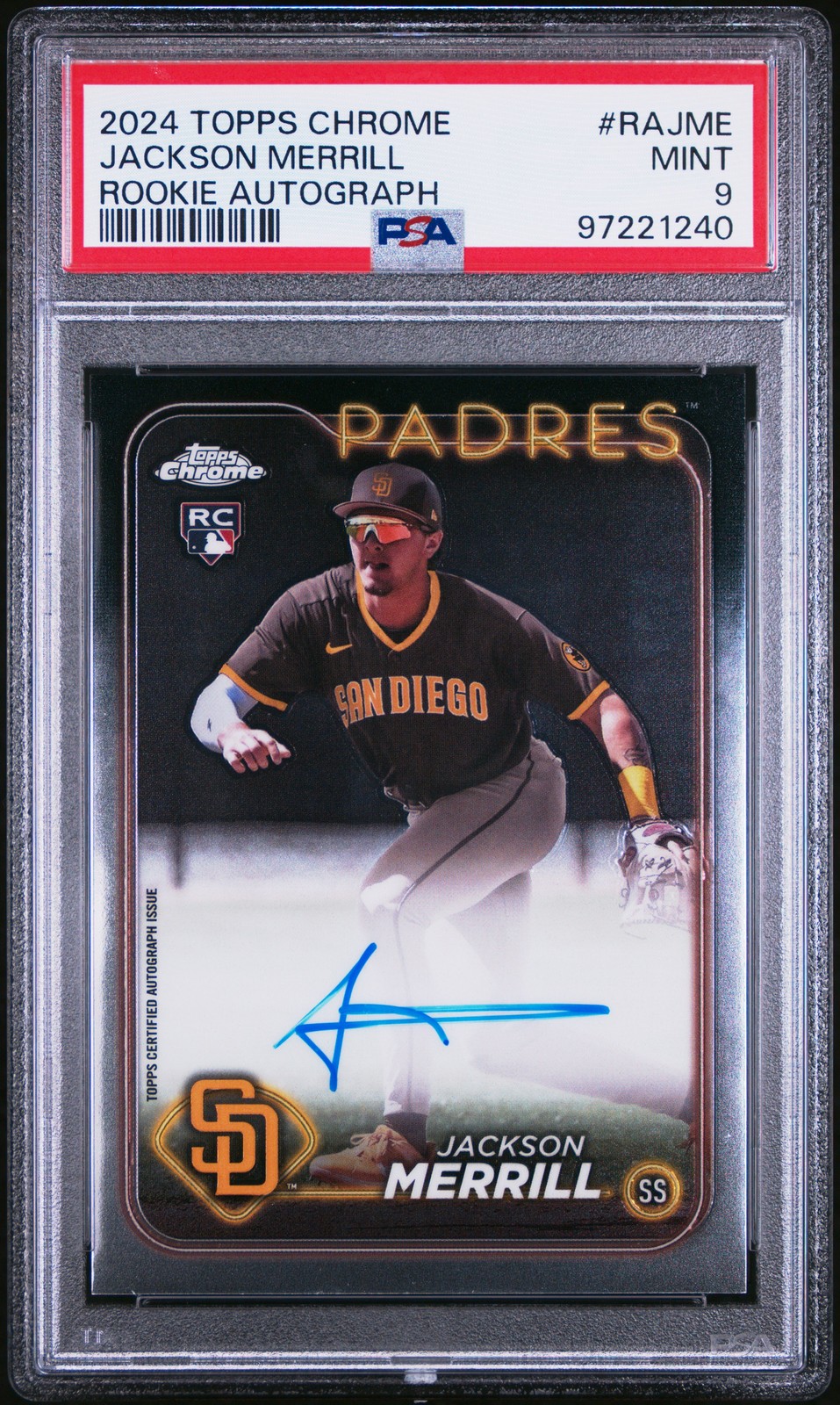 2024 Topps Chrome #RA-JME Jackson Merrill Rookie Autographs RC PSA 9