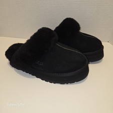 UGG Disquette Slippers Women  s 8 Black Platform Shearling Suede Slip On