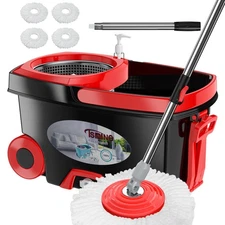 FunClean 360° Spin Mop and Bucket Set with Wringer, 4 Extra Microfiber Heads,...