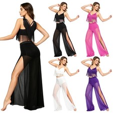 Women Dancewear Sheer Outfit Modern Sets Mesh V-neck Fringed Lyrical Practice