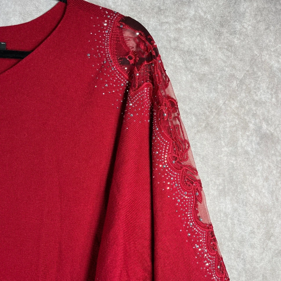 Top Tahari para mujer 1X rojo tejido adornado manga larga túnica informal carrera oficina Foto 2 de 4