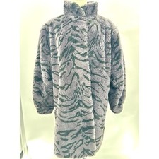 Vintage Style VI LTD Grey Black Tiger Strip Faux Fur Furry Trench Coat Large