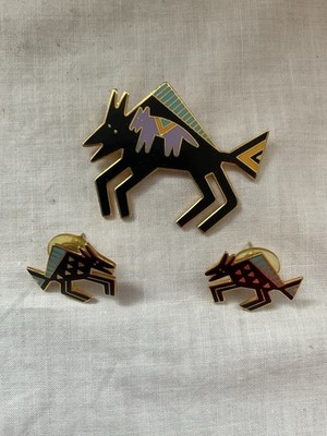 LAUREL BURCH BISON Enamel Pin and Pierced Earrings Southwest Style Signed NWOT