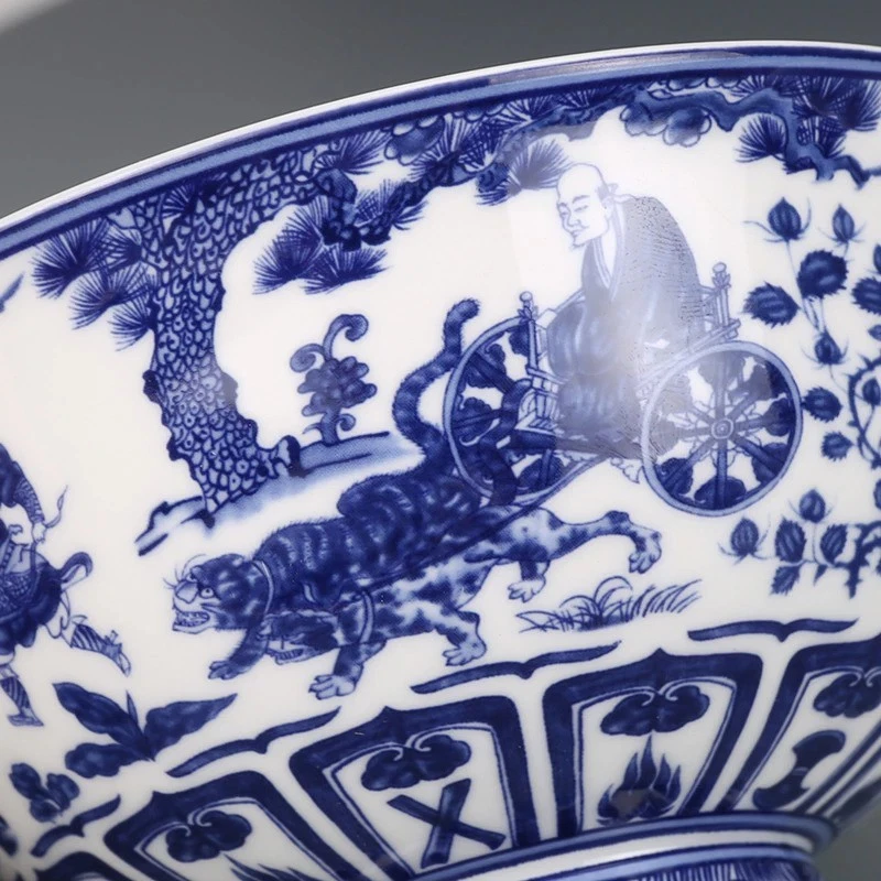 Bol Porcelaine Bleu Blanc Style Qianlong Scène Personnages Décor Chinois Antique - Photo 3/4