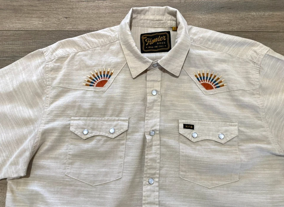 Howler Bros Mens L Beige Crosscut Deluxe Gaucho Western Aztec Pearl Snap Shirt - Image 2 of 4