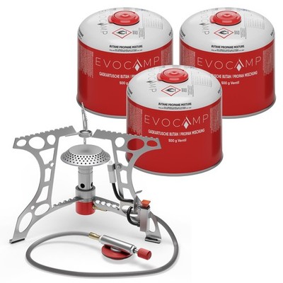 EVOCAMP Mini Campingkocher 3.2 kW mit Piezo-Zünder Kocher + 3 Gaskartuschen 500g