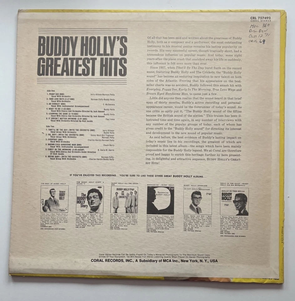 Buddy Holly's LP Greatest Hits Coral Records - Image 2 of 2