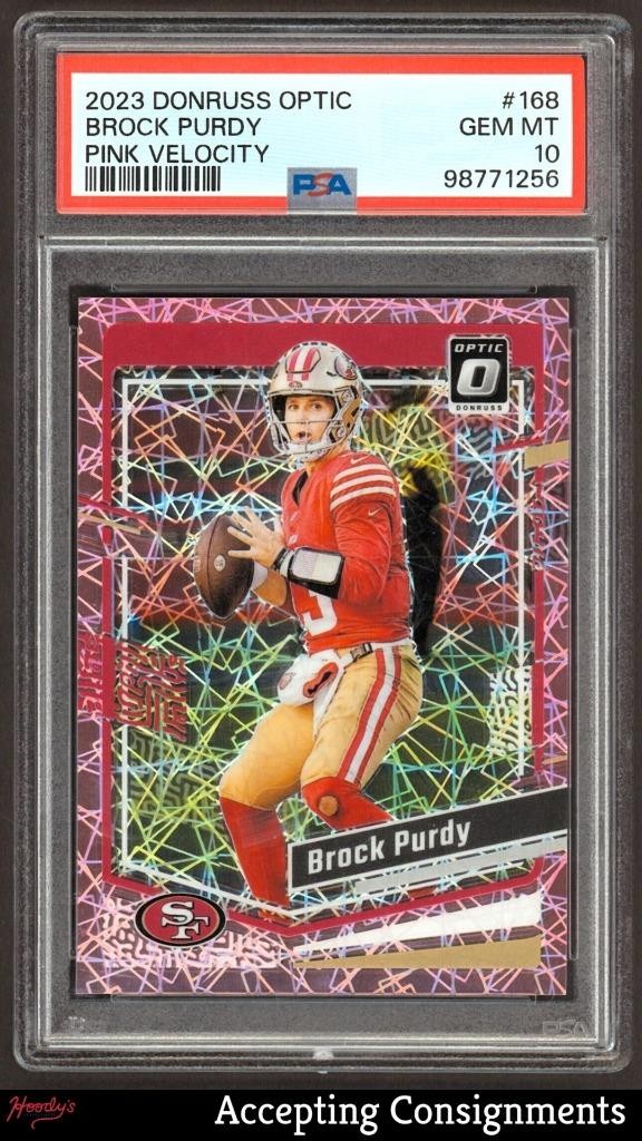 2023 Donruss Optic Pink Velocity #168 Brock Purdy 38/79 PSA 10 GEM 49ers view 1