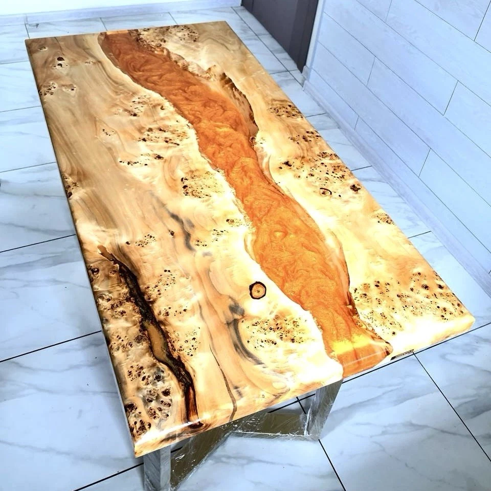 Resin and Wood Dining Table – Handmade Orange River Design – Burl Poplar Live - Image 4 of 4