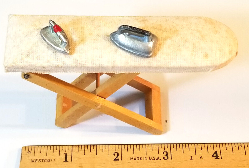 VINTAGE DOLLHOUSE COLLAPSIBLE WOOD/CLOTH IRONING BOARD, 2 METAL IRONS