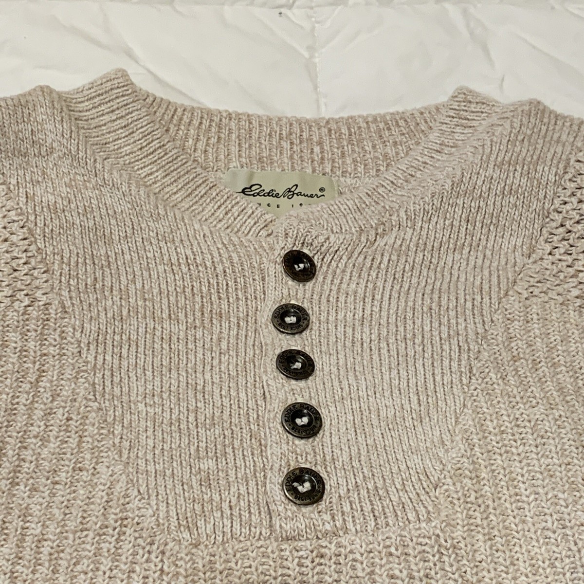 Eddie Bauer Cotton Henley Fisherman Sweater Mens Xl Beige Made In