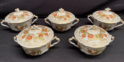(5) Vintage 2 Handle Lidded Bouillon Cups And Saucers Haviland Wright Tyndale - Picture 21 of 24