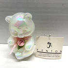 Fenton White Iridescent Opaline Glass Teddy Bear Figurine Pink Rose & Bow Vtg