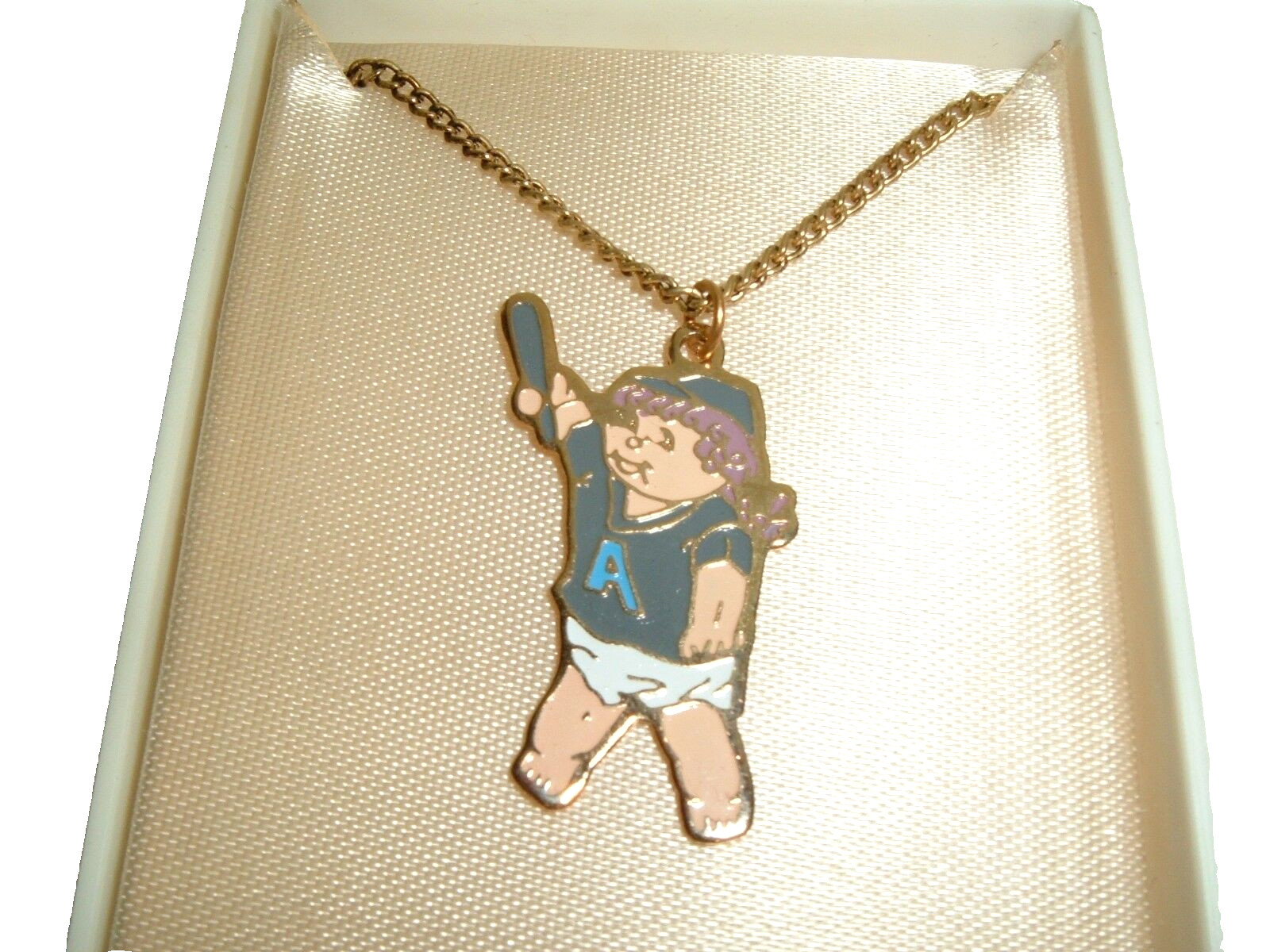 Vtg Cabbage Patch Boy Baseball Player Pendant Nec… - image 1