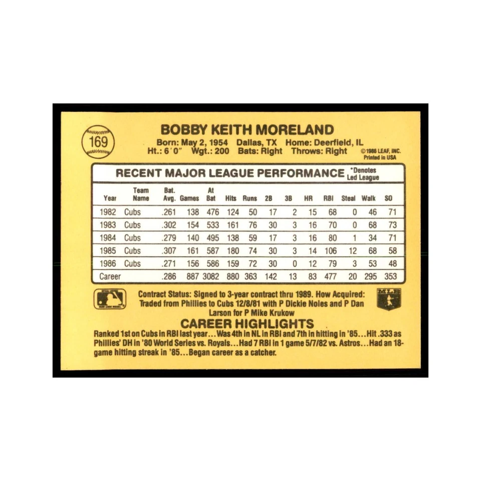 1987 Donruss Keith Moreland Baseball Cards #169 - Image 2 of 3