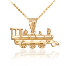 14K Solid Gold Steam Train Pendant Necklace - Yellow, Rose, White