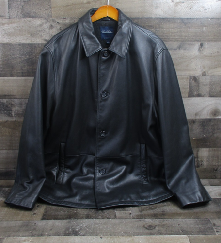 Brooks Brothers Leather Jacket Men Large Black Car Coat Wool Lined Collared Soft - Picture 2 of 13