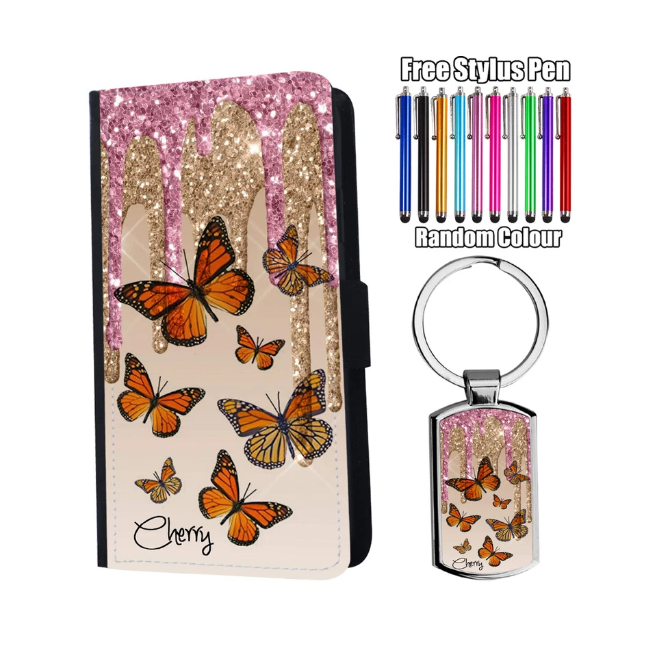 PERSONALISED Name Butterfly GlitterFlip Leather Wallet Phone Case + Keyring - Image 2 of 4
