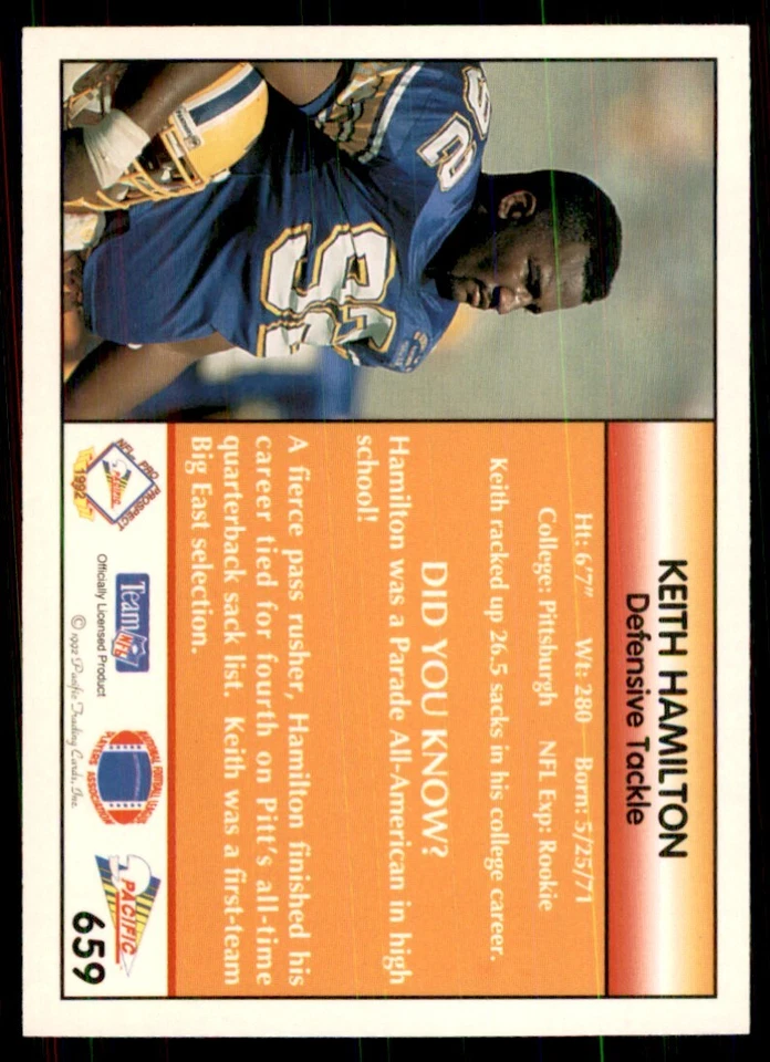 1992 Pacific Keith Hamilton Football Cards #659 - Image 2 of 2