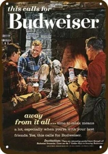 1962 Men in Cabin & Dog & BUDWEISER BEER Vntg-Look DECORATIVE REPLICA METAL SIGN