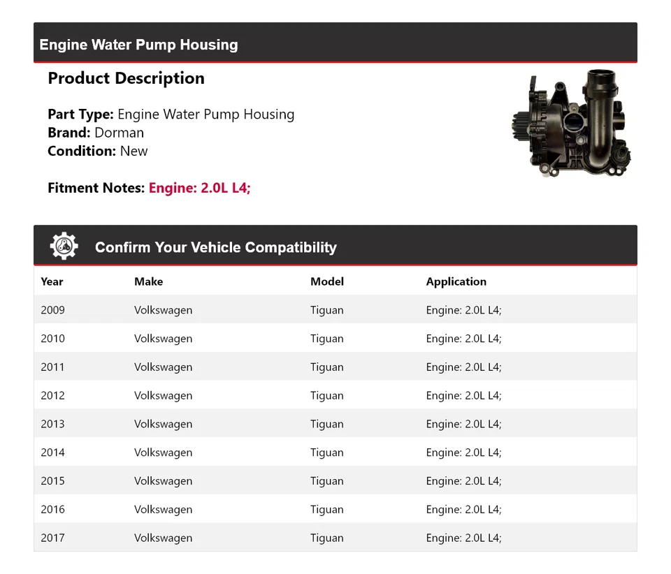 Carcasa de bomba de agua del motor Dorman L4 2,0 L 2009-2017 Volkswagen Tiguan 2010 Foto 2 de 4