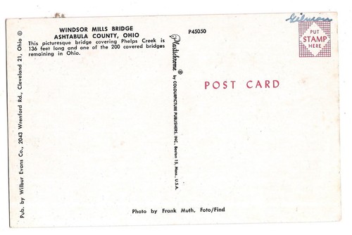 WINDSOR MILLS BRIDGE Covered Ashtabula County Phelps Creek Ohio OH Postcard - Picture 2 of 2