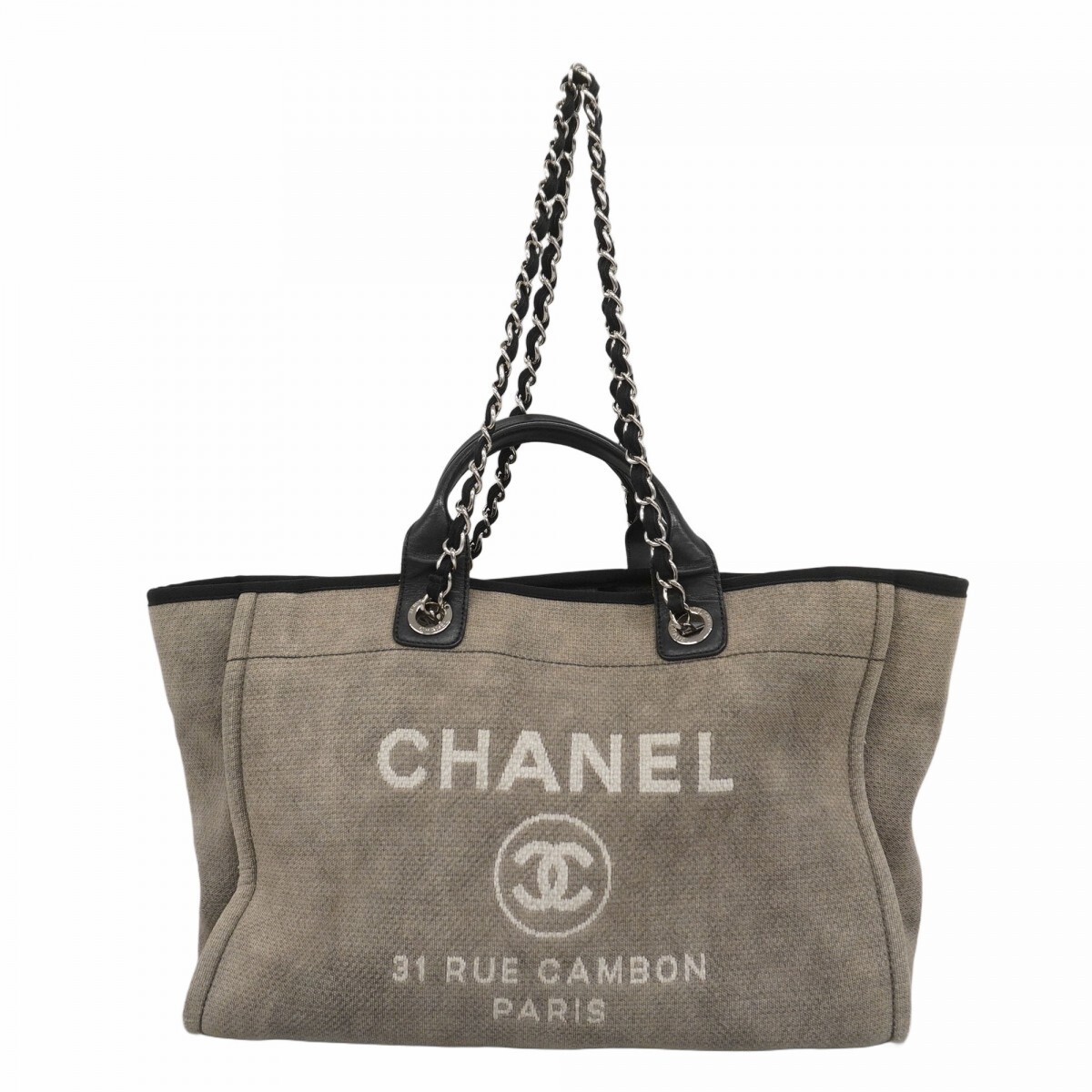 Chanel Deauville Canvas Tote Bag with Silver Chain Shoulder Strap 422479