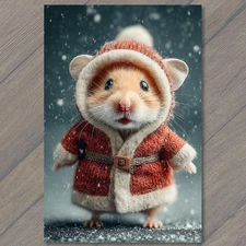 Art Print Hamster Red Coat Hood Belt Snow Christmas Winter Cheer