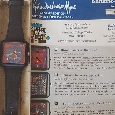Hundertwasser Uhr ''der 3. Tag'' aus der Genesisedition. 1995 Limited.Zertifikat