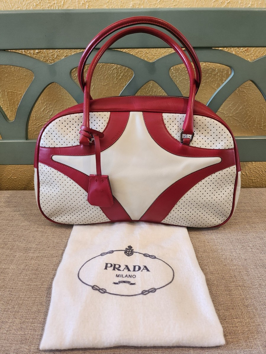 Vintage Y2K PRADA Bowling Bag Red White Two Tone Leather Rare