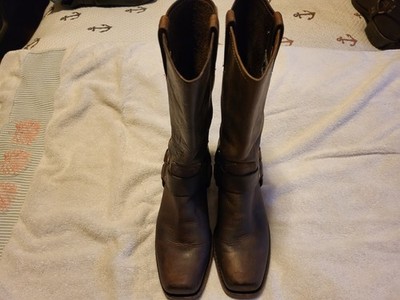 GENUINE; FRYE, DARK BROWN LEATHER WOMENS ( SIZE 8 M ) MOTO BOOTS: HARNESS STYLE.
