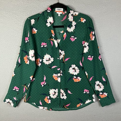 #ad Express Women Blouse M Green Floral Button Up Portofino V Neck Front Career $24.99