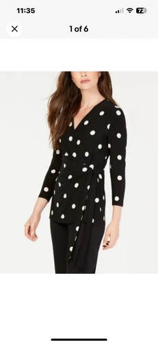 Anne Klein Sz Large Wrap Career Blouse Stretch Black Polka Dot Long Sleeve NWT - Picture 7 of 7