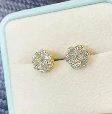 1.50Ct Real Moissanite Cluster Men's Stud Earrings 14K Yellow Gold Plated Silver