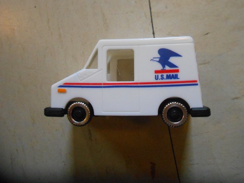 VINTAGE PLASTIC MAIL CAR STAMP DISPENSER with SPONGE