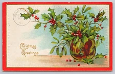 1910 Christmas Vase of Holly & Mistletoe Gold Gilt Embossed Antique Postcard