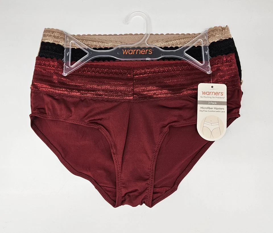 3 Pack WARNERS No Pinching Micro Hipster Panties Womens M L XL Beige Black Red - Image 2 of 4
