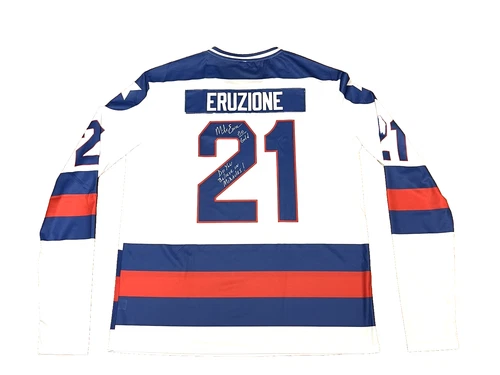 MIKE ERUZIONE SIGNED & INSCRIBED 1980 OLYMPICS USA MIRACLE ON ICE JERSEY w/COA