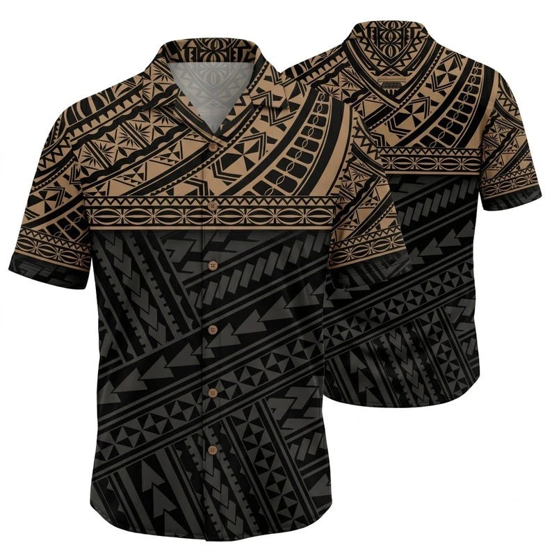 Polynesian Hawaiian Shirt Black Beige Maori Tattoo Tribal Beach Aloha Shirt