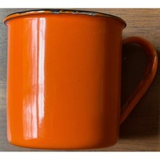 Vintage Orange Enamel Camping Mug with Black Rim Retro Farmhouse Coffee Cup