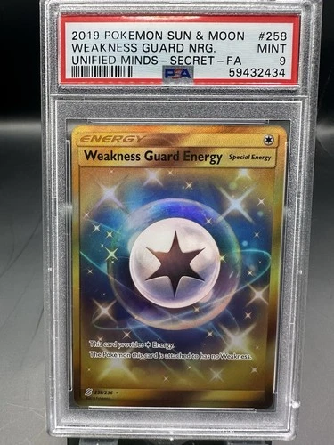 2019 Pokemon: WEAKNESS GUARD ENERGY 258/236 - Gold [Unified Minds] - Mint PSA 9